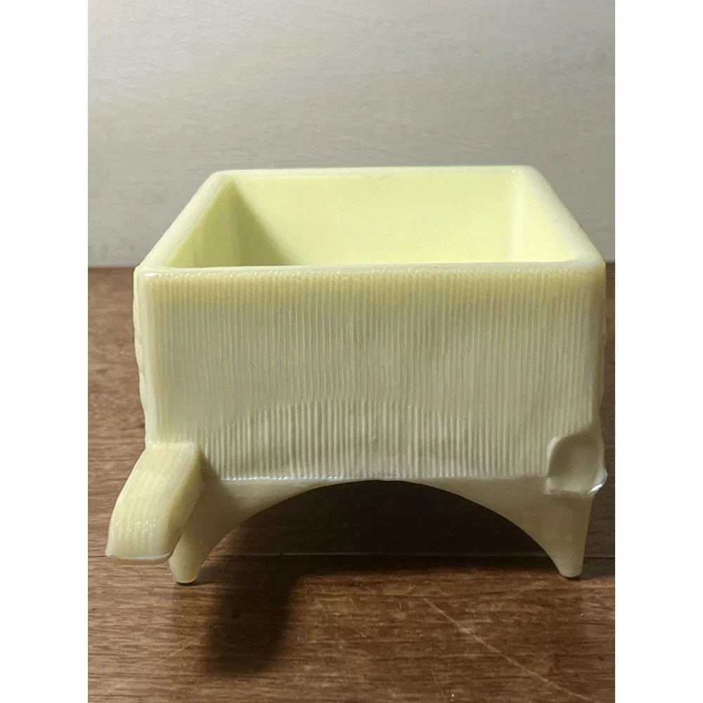As Is-clean Break-chipped Lid-uranium Glass Custard Glow Wheelbarrow Candy Dish